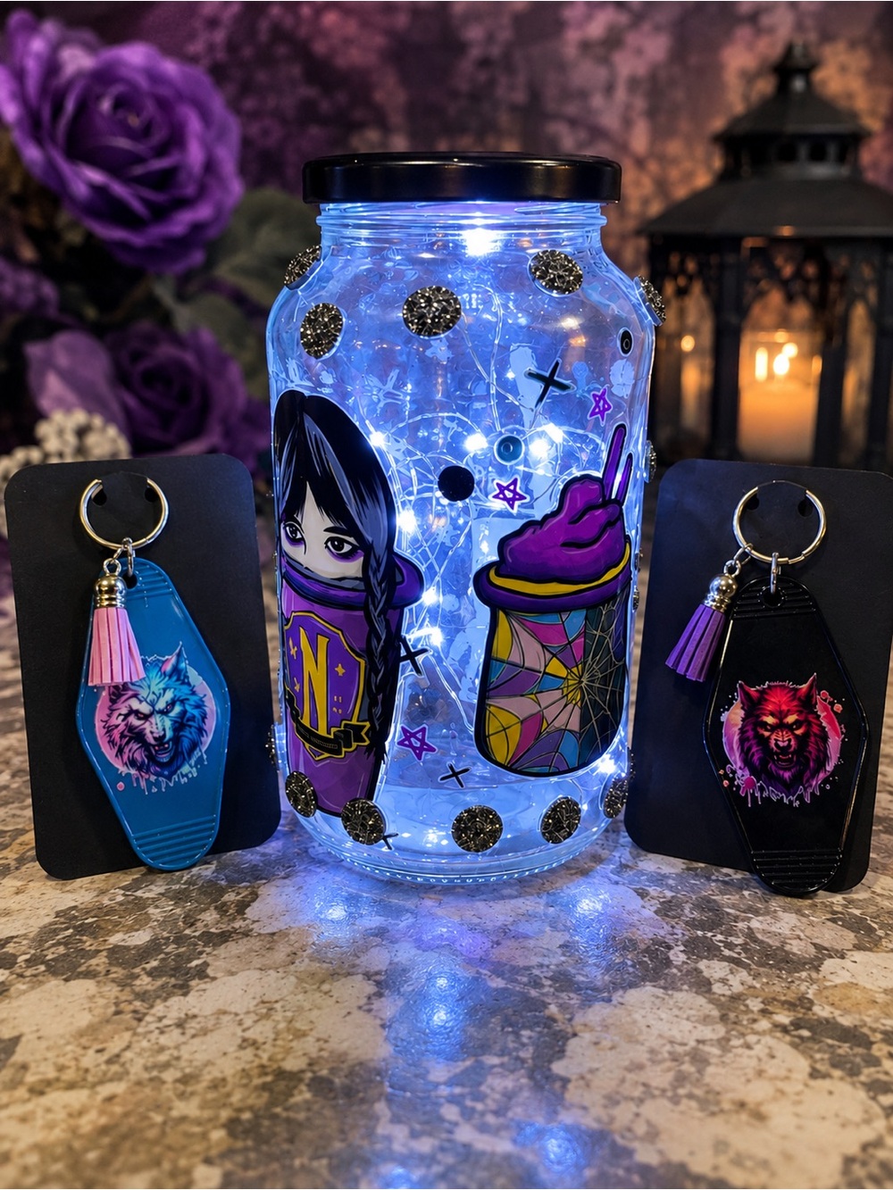 Gothic Light-Up Jar & 2 Motel Keychains Bundle